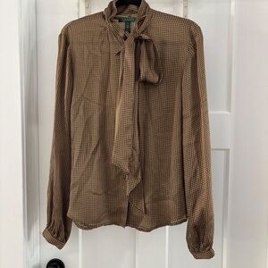 Ralph Lauren Silk Tie Neck Blouse Houndstooth